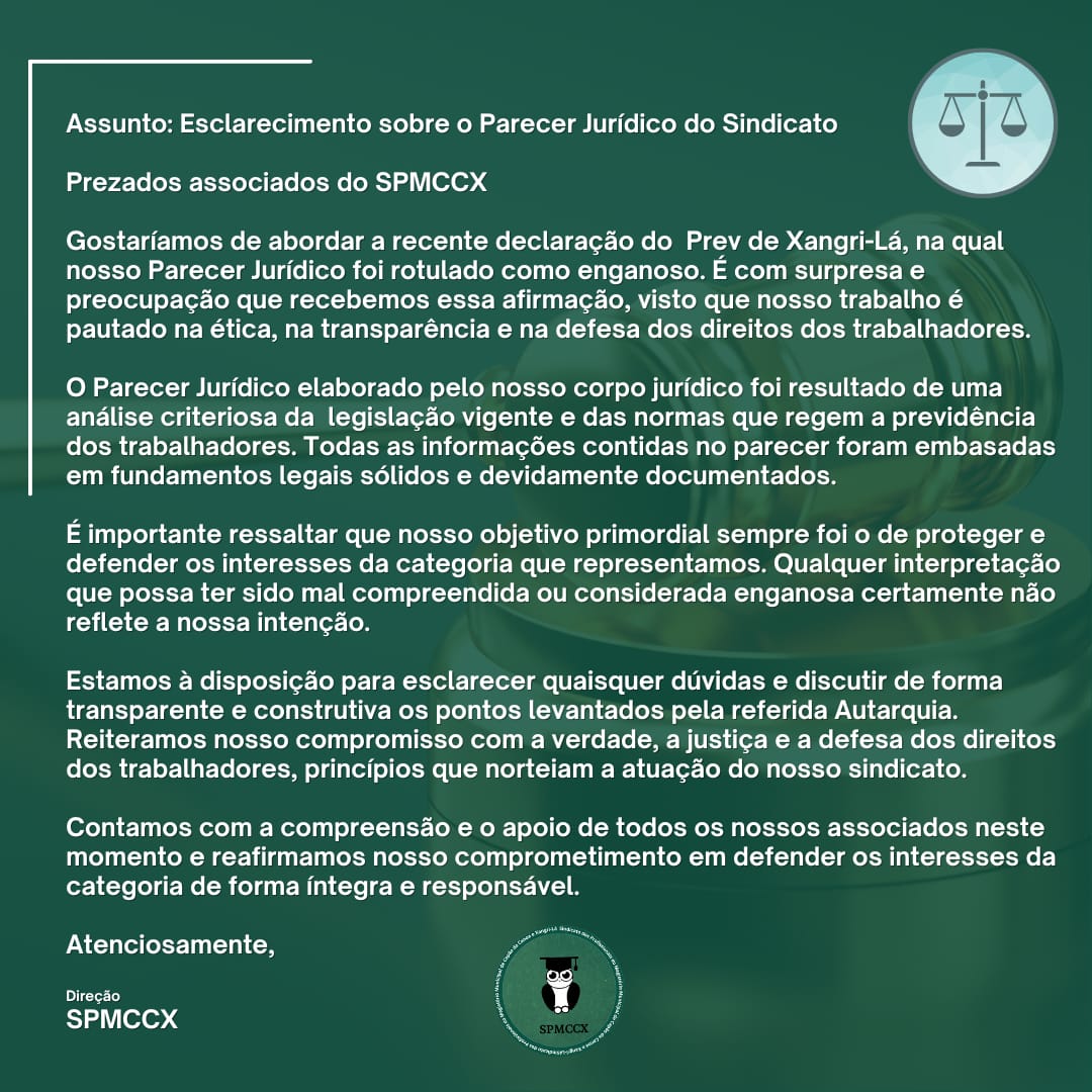 Esclarecimento sobre o Parecer Jurídico do Sindicato